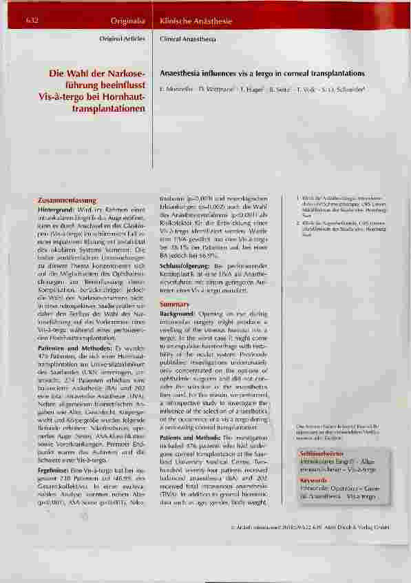 Vorschauseite 1: Die Wahl der Narkoseführung beeinflusst Vis ä tergo bei Hornhauttransplantationen