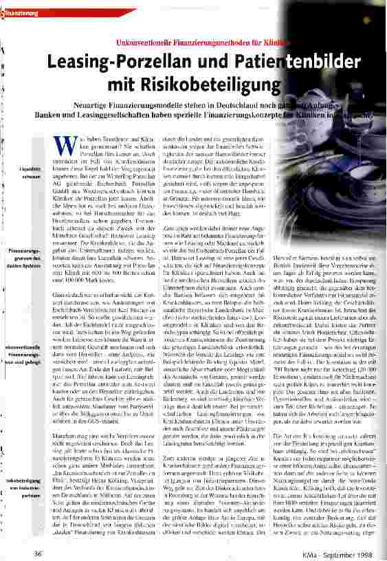 Vorschauseite 1: Leasing-Porzellan und Patientenbilder mit Risikobeteiligung Unkonventionelle Finanzierungsmethoden für Kliniken