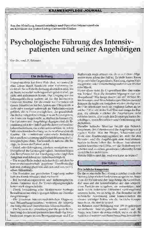Vorschauseite 1: Psychologische Führung des Intensivpatienten und seiner Angehörigen