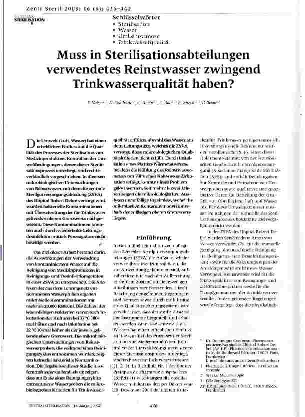Vorschauseite 1: Muss in Sterilisationsabteilungen verwendetes Reinstwasser zwingend Trinkwasserqualität haben?