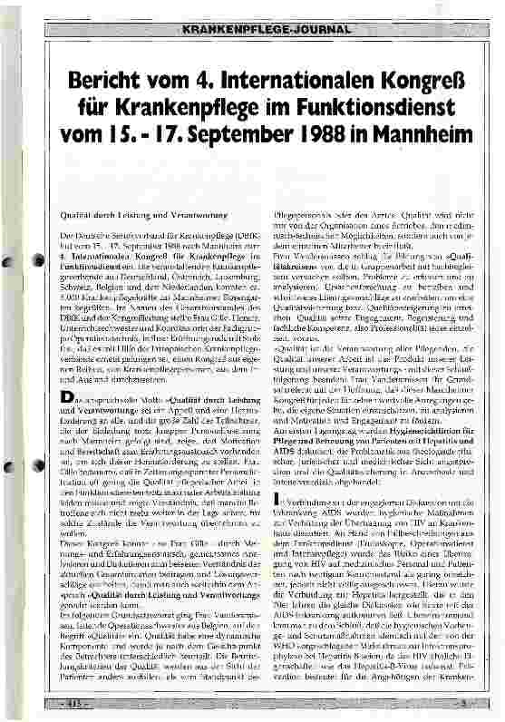 Vorschauseite 1: Bericht vom 4. Internationalen Kongreß für Krankenpflege im Funktionsdienst vom 15. - 17. September in Mannheim