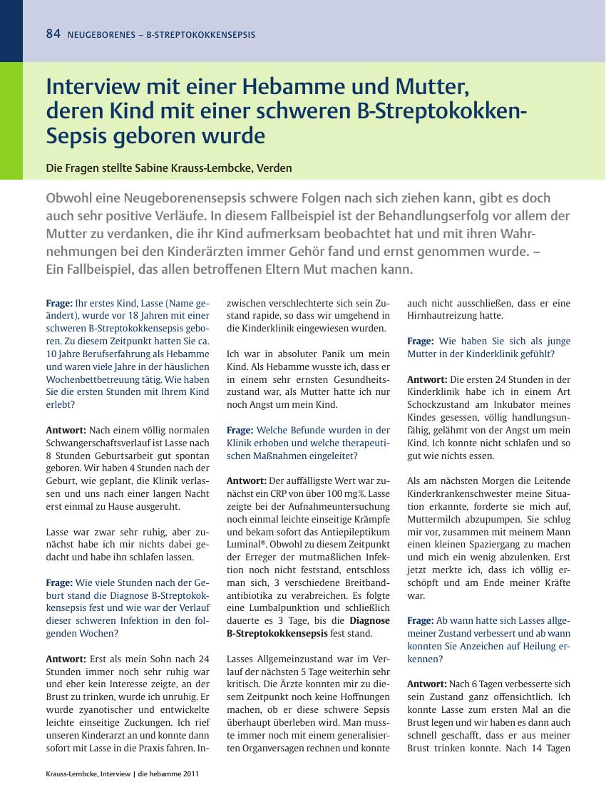 Vorschauseite 1: Interview mit einer Hebamme und Mutter, deren Kind mit einer schweren B-Streptokokken-Sepsis geboren wurde