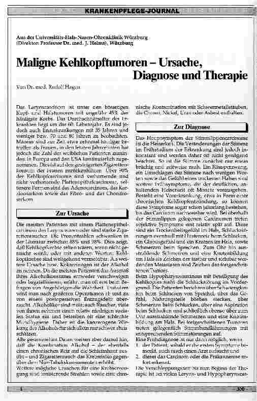 Vorschauseite 1: Maligne Kehlkopftumoren Ursache, Diagnostik und Therapie
