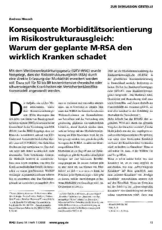 Vorschauseite 1: Konsequente Morbiditätsorientierung im Risikostrukturausgleich: Warum der geplante M-RSA den wirklich Kranken schadet