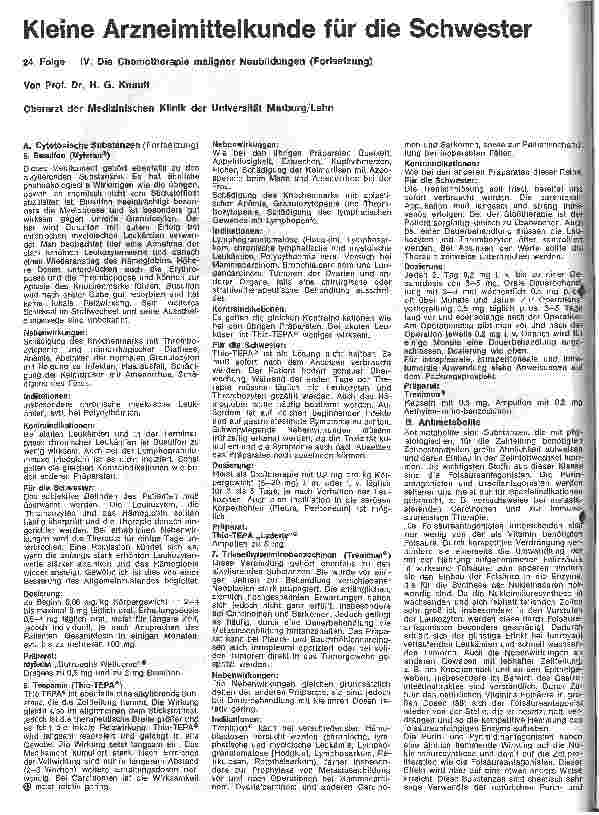 Vorschauseite 1: Kleine Arzneimittelkunde für die Schwester 24. Folge: Die Chemotherapie maligner Neubildungen (Fortsetzung)