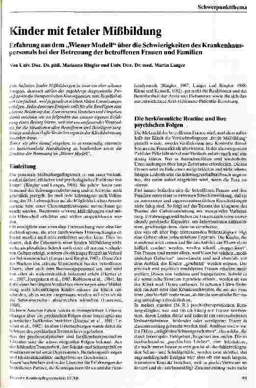 Vorschauseite 1: Kinder mit fetaler Mißbildung / Erfahrungen aus dem Wiener-Modell über die Schwierigkeiten des Krankenhauspersonals bei Betreuung