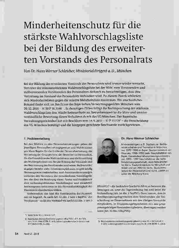 Vorschauseite 1: Minderheitenschutz für die stärkste Wahlvorschlagsliste bei der Bildung des erweiterten Vorstands des Personalrats