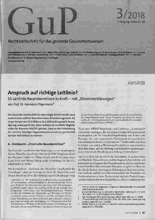 Vorschauseite 1: Anspruch auf richtige Leitlinie? S3-Leitlinie Neuroborreliose in Kraft mit „Dissenserklärungen“