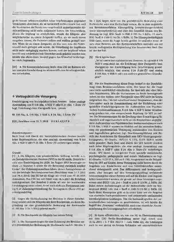 Vorschauseite 1: Ermächtigung von Sozialpädiatrischen Zentren - keine analoge Anwendung von § 118 Abs. 4 SGB V oder § 24 Abs. 3 Ärzte ZV bzgl. Errichtung einer Zweigstelle bzw. -praxis§§ 118 Abs.…