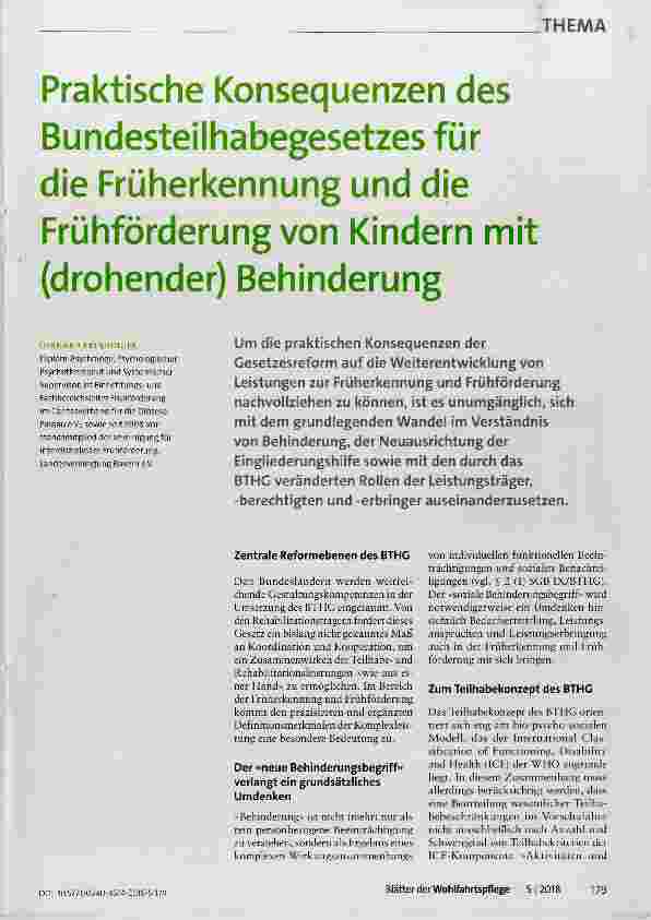 Vorschauseite 1: Praktische Konsequenzen des Bundesteilhabegesetzes für die Früherkennung und die Frühförderung von Kindern mit (drohender) Behinderung