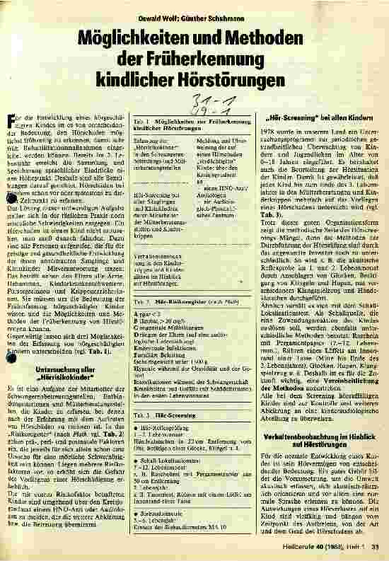 Vorschauseite 1: Möglichkeiten und Methoden der Früherkennung kindlicher Hörstörungen