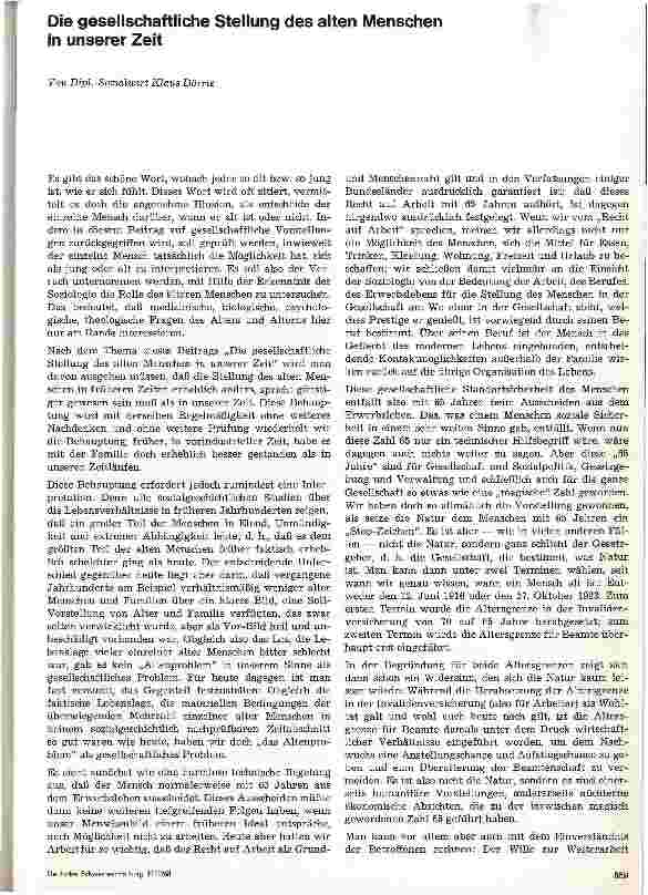 Vorschauseite 1: Die gesellschaftliche Stellung des alten Menschen in unserer Zeit