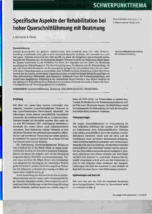 Vorschauseite 1: Spezifische Aspekte der Rehabilitation bei hoher Querschnittlähmung mit Beatmung