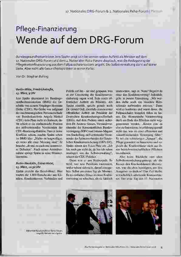 Vorschauseite 1: 17. Nationales DRG-Forum & 2. Nationales Reha-Forum | Plenum Pflege-FinanzierungWende auf denn DRG-Forum