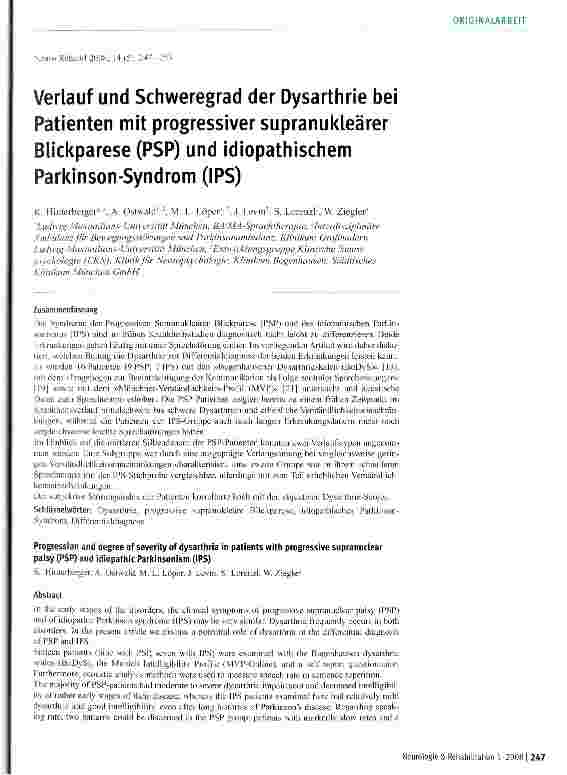 Vorschauseite 1: Verlauf und Schweregrad der Dysarthrie bei Patienten mit progressiver supranukleärer Blickparese (PSP) und idiopathischem Parkinson-Syndrom (IPS)