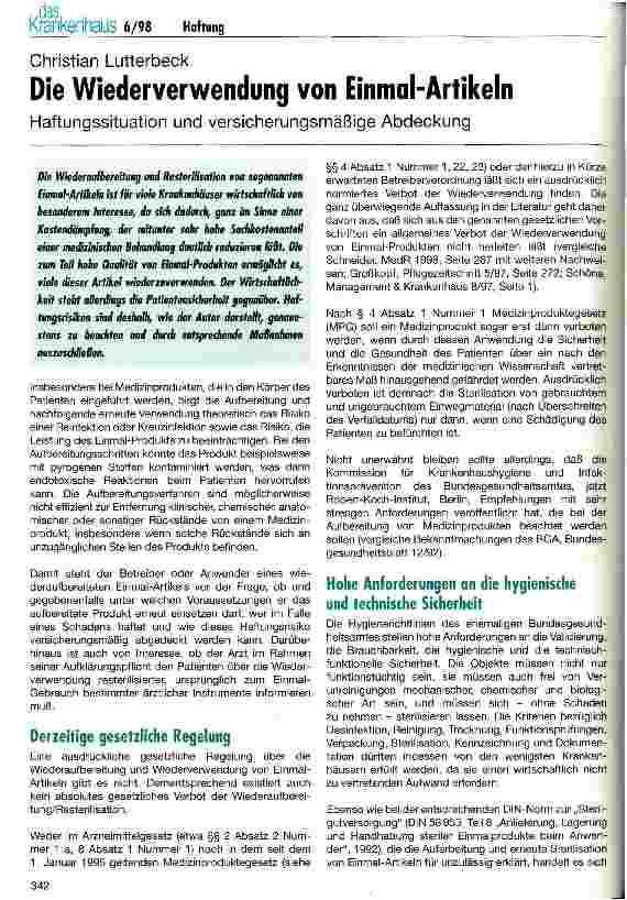 Vorschauseite 1: Die Wiederverwendung von Einmal-Artikeln Haftungssituation und versicherungsmäßige Abdeckung