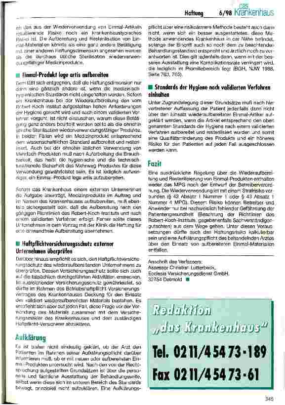 Vorschauseite 4: Die Wiederverwendung von Einmal-Artikeln Haftungssituation und versicherungsmäßige Abdeckung