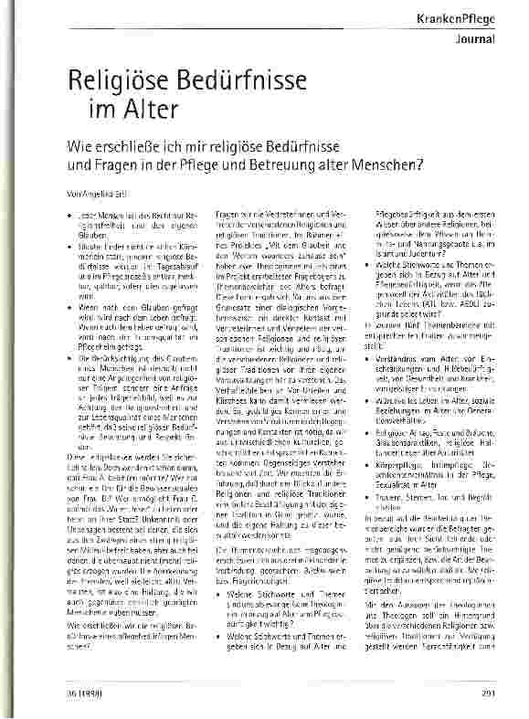 Vorschauseite 1: Religiöse Bedürfnisse im Alter Wie erschließen sich die religiösen Bedürfnisse eines Pflegebedürftigen?