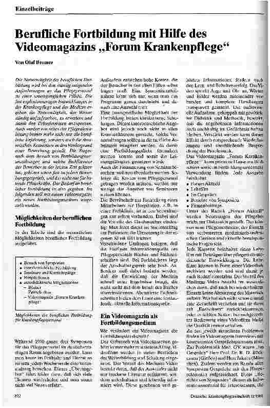 Vorschauseite 1: Berufliche Fortbildung mit Hilfe des Vidiomagazins Forum Krankenpflege