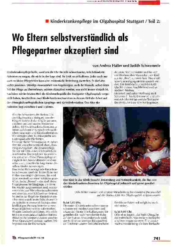 Vorschauseite 1: Wo Eltern selbverständlich als Pflegepartner akzeptiert sind Kinderkrankenpflege im Olgahospital Stuttgart (Teil 2)
