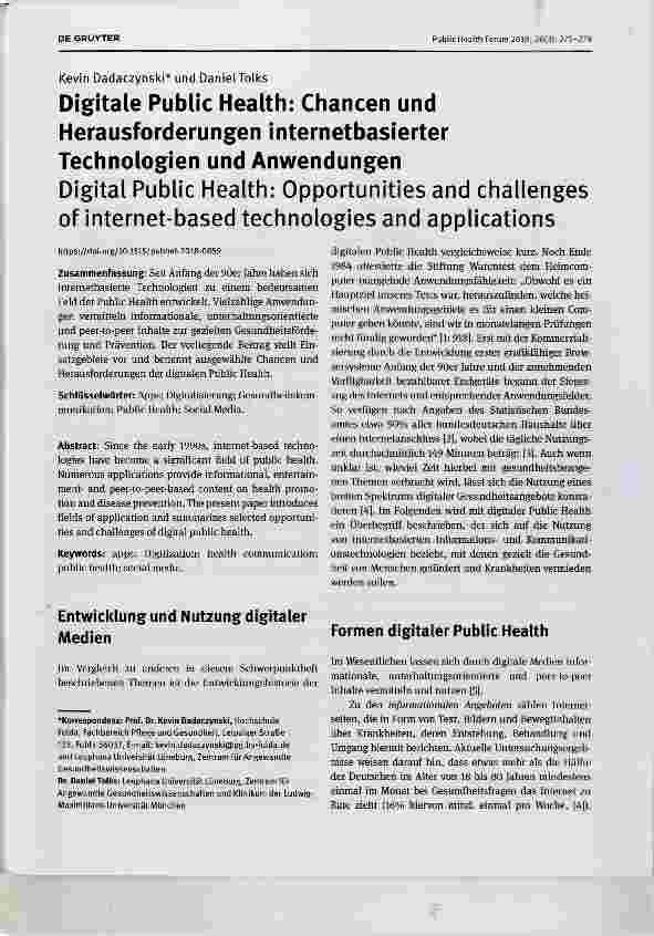 Vorschauseite 1: Digitale Public Health: Chancen und Herausforderungen internetbasierter Technologien und Anwendungen Digital Public Health: Opportunities and challenges of internet-based technolo…