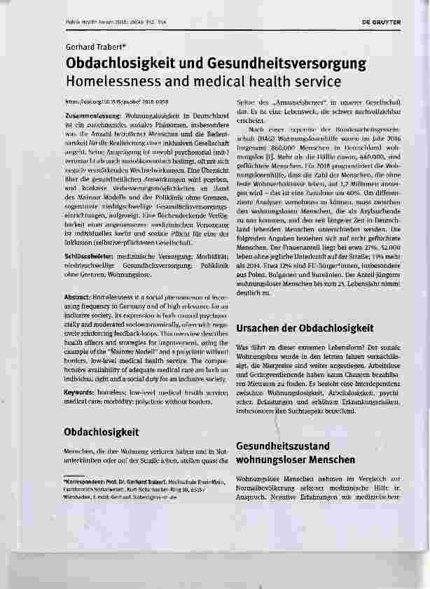 Vorschauseite 1: Obdachlosigkeit und Gesundheitsversorgung