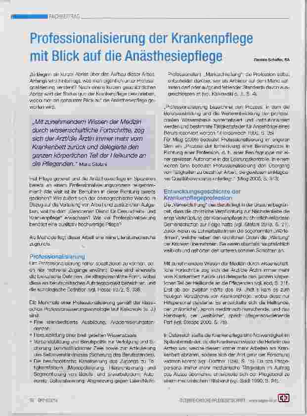 Vorschauseite 1: Professionalisierung der Krankenpflege mit Blick auf die Anästhesiepflege