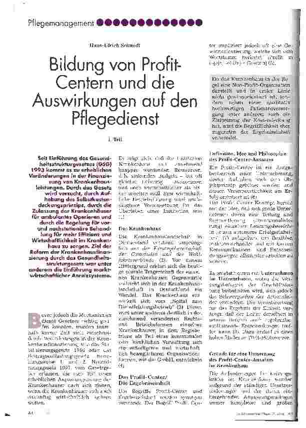 Vorschauseite 1: Bildung von Profit-Centern und die Auswirkungen auf den Pflegedienst 1. Teil