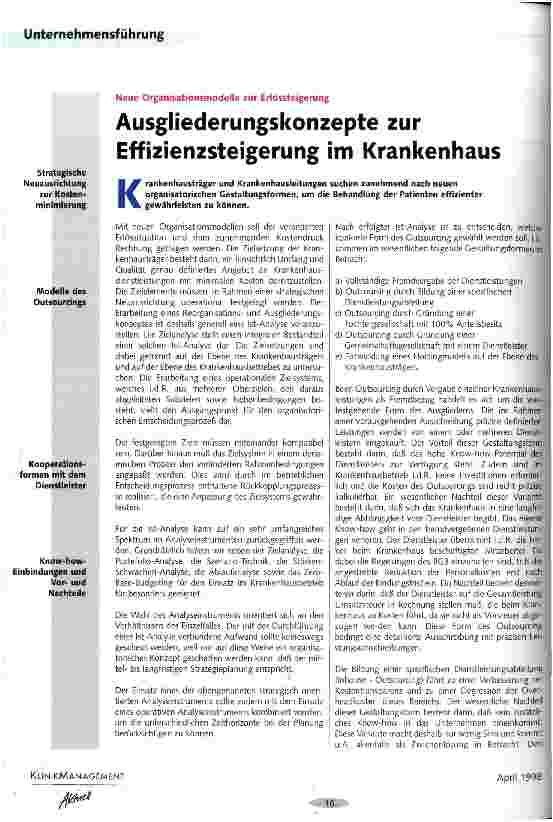 Vorschauseite 1: Ausgliederungskonzepte zur Effizienzsteigerung im Krankenhaus Neue Organisationsmodelle zur Erlössteigerung