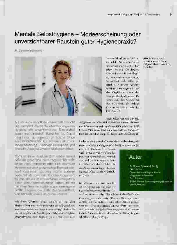 Vorschauseite 1: Mentale Selbsthygiene - Modeerscheinung oder unverzichtbarer Baustein guter Hygienepraxis?