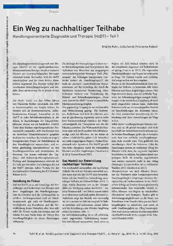 Vorschauseite 1: Ein Weg zu nachhaltiger Teilhabe Handlungsorientierte Diagnostik und Therapie (HoDT) Teil 1