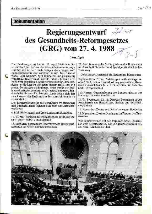 Vorschauseite 1: Regierungsentwurf des Gesundheits-Reformgesetzes (GRG) vom 27.4.1988