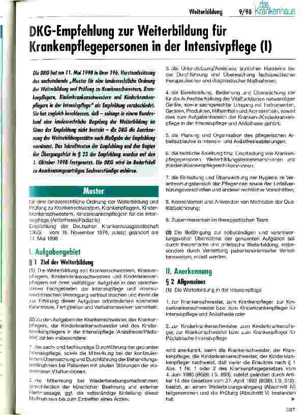 Vorschauseite 1: DKG-Empfehlungen zur Weiterbildung für Krankenpflegepersonen in der Intensivpflege (Teil 1)