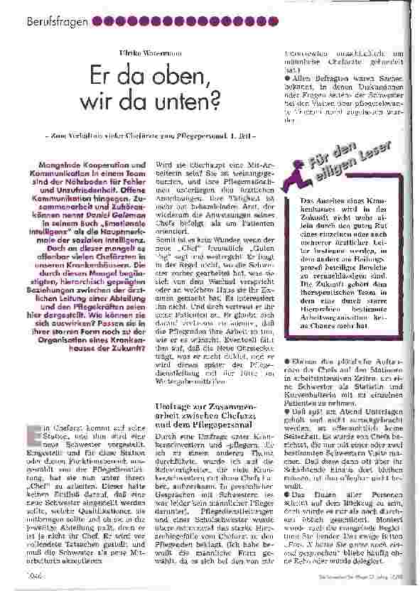 Vorschauseite 1: Er da oben, wir da unten? Zum Verhältnis vieler Chefärzte zum Pflegepersonal, 1. Teil-