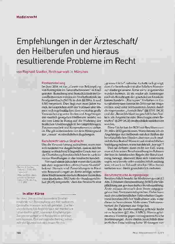 Vorschauseite 1: Empfehlungen in der Ärzteschaft/ den Heilberufen und hieraus resultierende Probleme im Recht