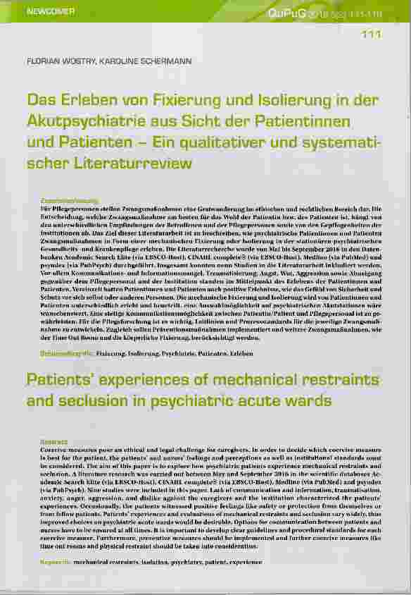 Vorschauseite 1: Das Erleben von Fixierung und Isolierung in der Akutpsychiatrie aus Sicht der Patientinnen und Patienten - Ein qualitativer und systematischer Literaturreview
