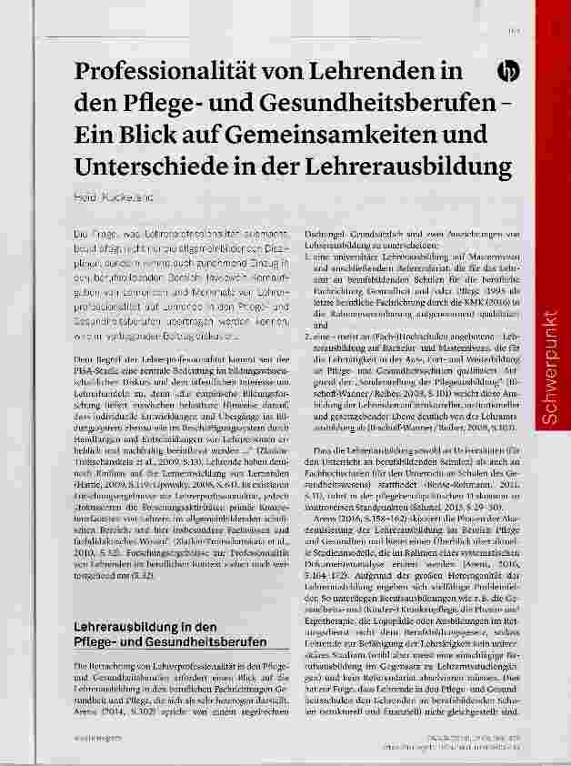 Vorschauseite 1: Professionalität von Lehrenden in den Pflegeund Gesundheitsbemfen Ein Blick auf Gemeinsamkeiten und Unterschiede in der Lehrerausbildung