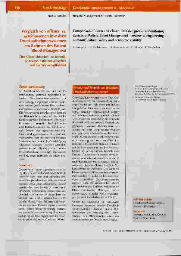 Vorschauseite 1: Vergleich von offenen vs. geschlossenen invasiven Druckaufnehmersystemen im Rahmen des Patient Blood Management