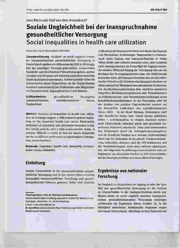 Vorschauseite 1: Soziale Ungleichheit bei der inanspruchnahme gesundheitlicher Versorgung