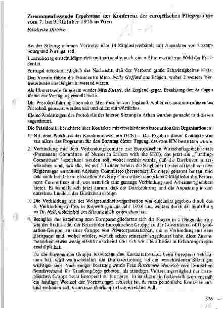 Vorschauseite 1: Zusammenfassende Ergebnisse der Konferenz der europäischen Pflegegruppe vom 7. bis 9. Oktober 1978 in Wien