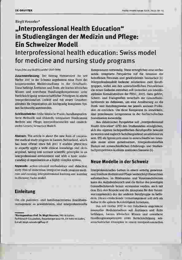 Vorschauseite 1: „Interprofessional Health Education in Studiengängen der Medizin und Pflege:Ein Schweizer Modell