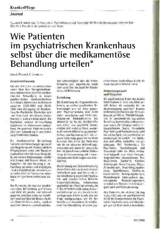 Vorschauseite 1: Wie Patienten im psychiatrischen Krankenhaus selbst über die medikamentöse Behandlung urteilen
