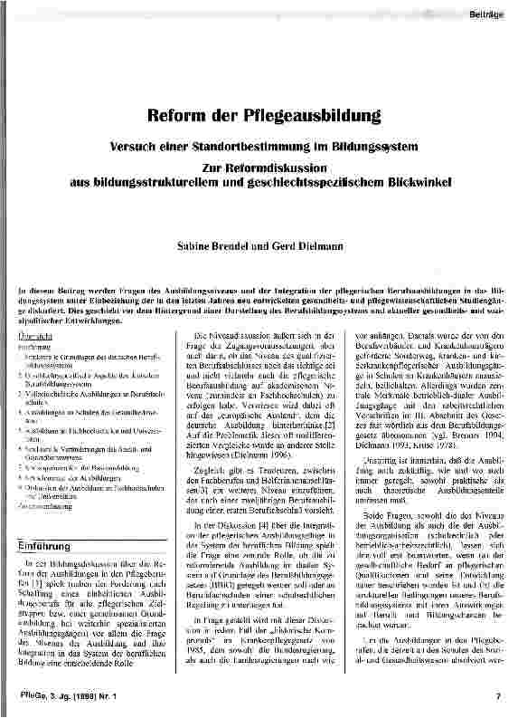 Vorschauseite 1: Reform der Pflegeausbildung Versuch einer Standortbestimmung im Bildungssystem - Zur Reformdiskussion aus bildungsstrukturellem und geschlechtsspezifischem Blickwinkel