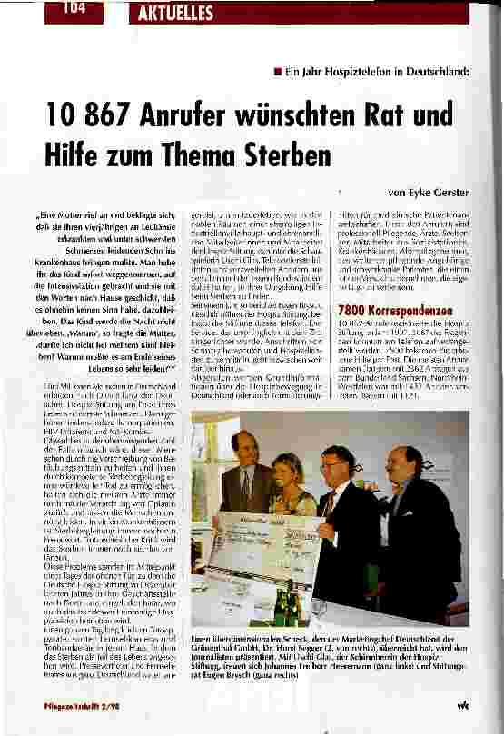 Vorschauseite 1: 10 867 Anrufer wünschten Rat und Hilfe zum Thema Sterben Ein Jahr Hospiztelefon in Deutschland