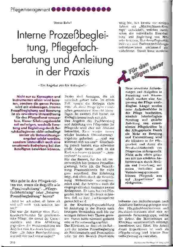 Vorschauseite 1: Interne Prozeßbegleitung, Pflegefachberatung und Anleitung in der Praxis Ein Angebot nur für Anfänger?