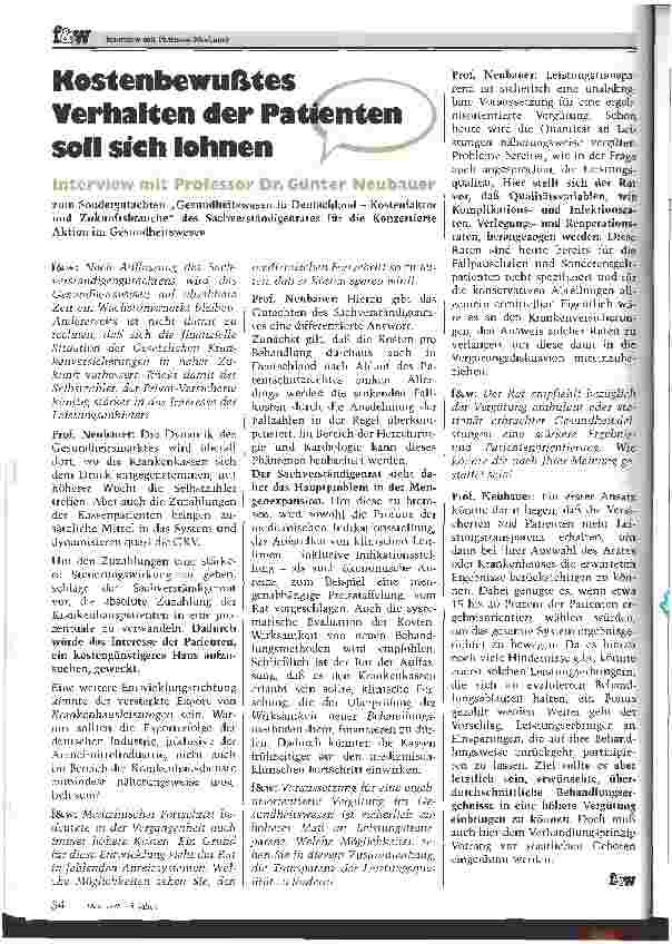 Vorschauseite 1: Kostenbewußtes Vehalten der Patienten soll sich lohnen Interview mit Professor Dr. Günter Neubauer