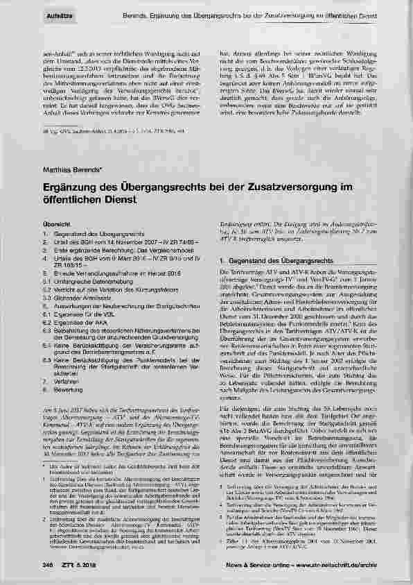 Vorschauseite 1: Ergänzung des Übergangsrechts bei der Zusatzversorgung im öffentlichen Dienst