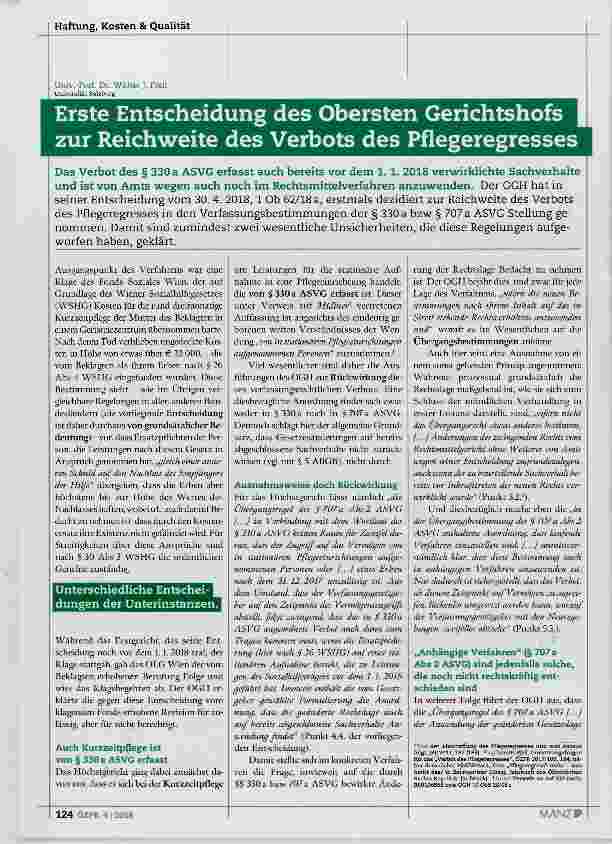 Vorschauseite 1: Erste Entscheidung des Obersten Gerichtshofs zur Reichweite des Verbots des Pflegeregresses