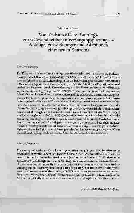 Vorschauseite 1: Von »Advance Care Planning« zur »Gesundheitlichen Versorgungsplanung« Anfänge, Entwicklungen und Adaptionen eines neuen Konzepts