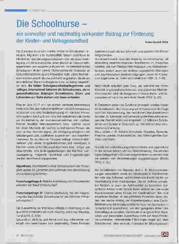 Vorschauseite 1: Die Schoolnurse ein sinnvoller und nachhaltig wirkender Beitrag zur Förderung der Kinderund Volksgesundheit